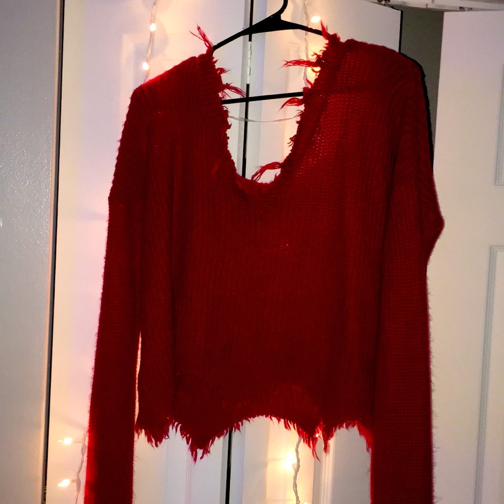 Drop Shoulder Raw Cut Edge Sweater